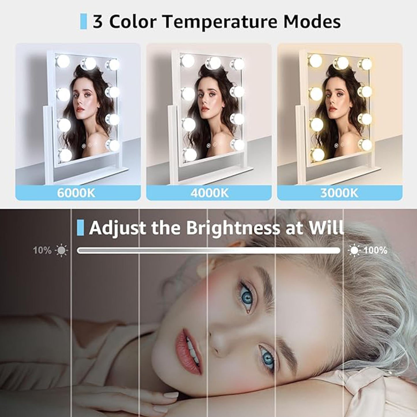 Oglinda Machiaj Hollywood SPIKO, 9 LED, 10X, 3 Lumini, Touch, 360°, Alb