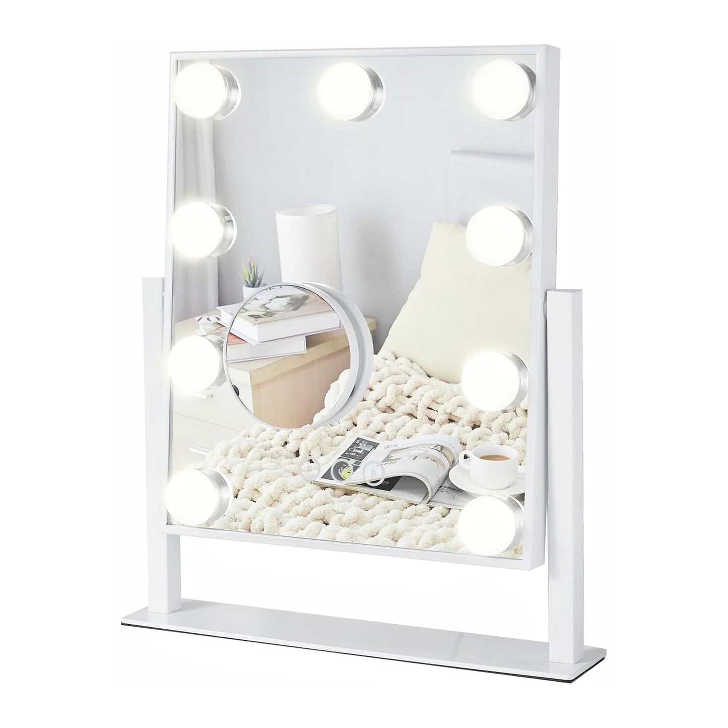 Oglinda Machiaj Hollywood SPIKO, 9 LED, 10X, 3 Lumini, Touch, 360°, Alb