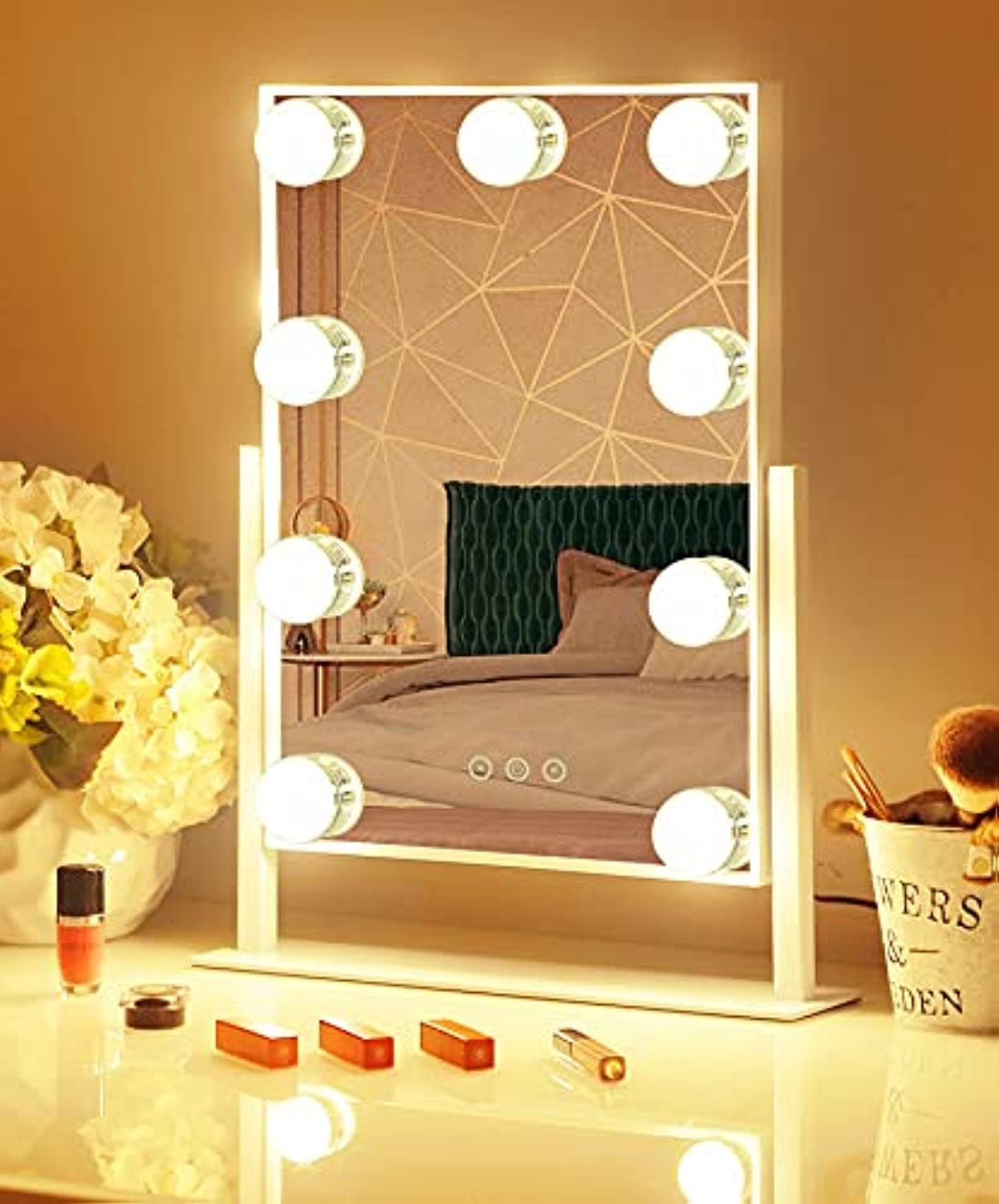 Oglinda Machiaj Hollywood SPIKO, 9 LED, 10X, 3 Lumini, Touch, 360°, Alb