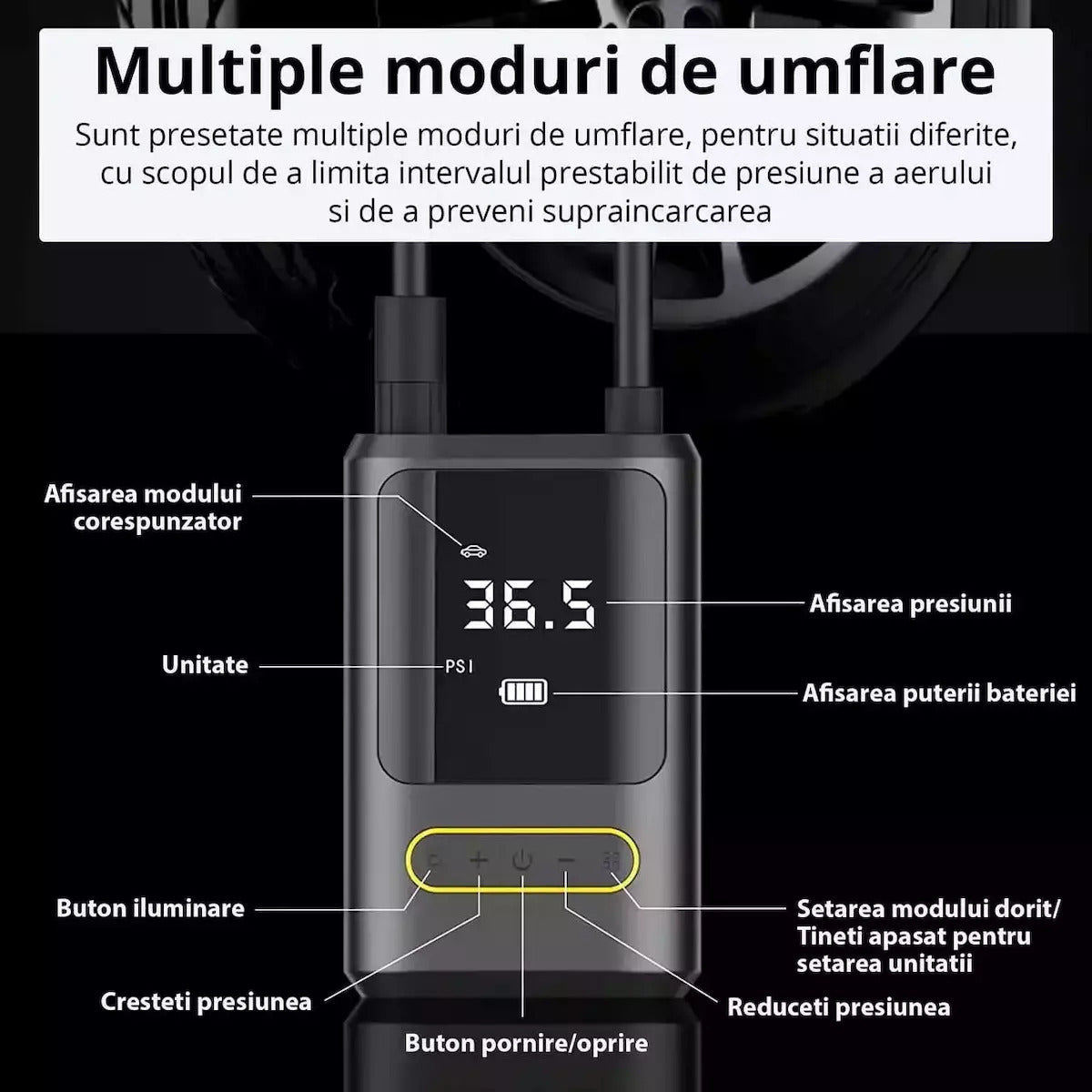 Compresor Auto Digital Roll Fast 150PSI, Wireless, Power Bank, Lanterna LED, 12V, Reîncărcabil