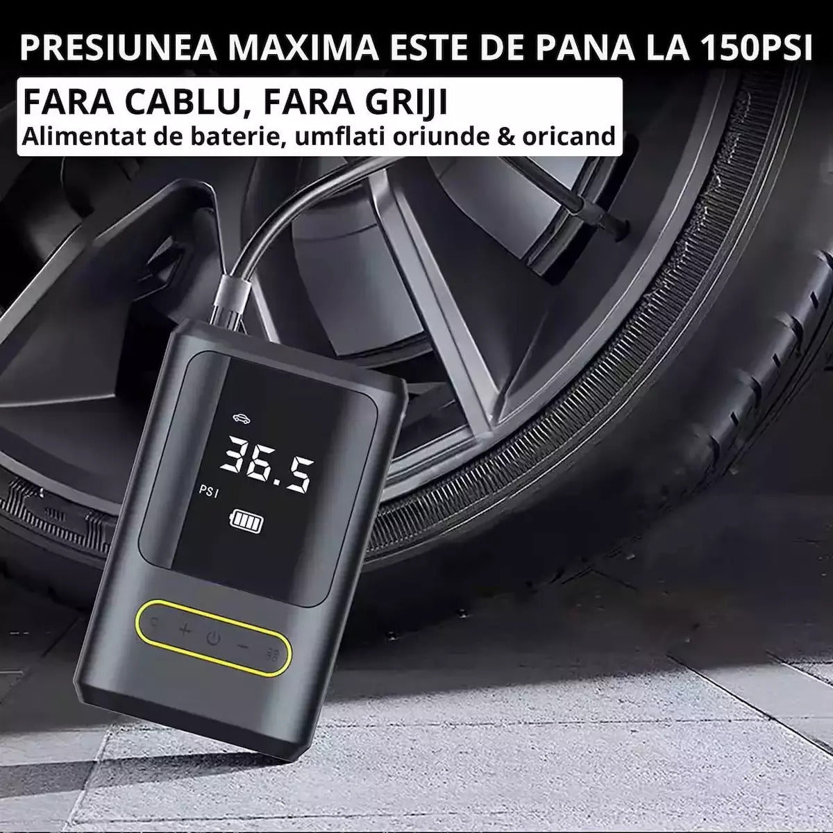 Compresor Auto Digital Roll Fast 150PSI, Wireless, Power Bank, Lanterna LED, 12V, Reîncărcabil