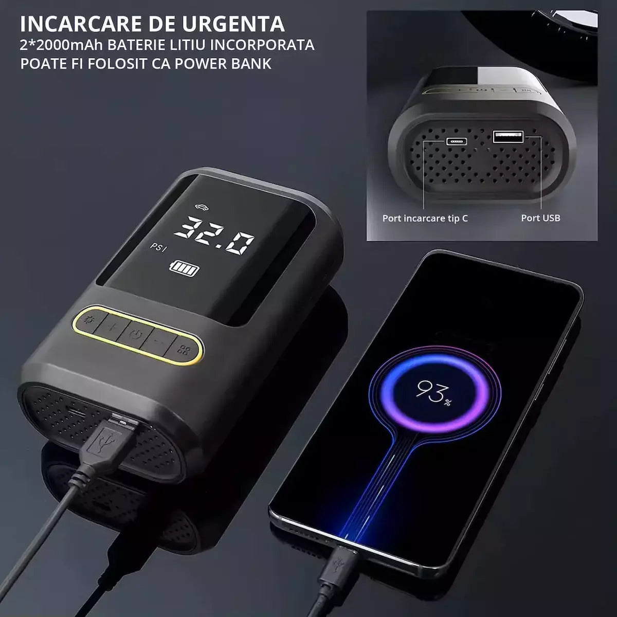 Compresor Auto Digital Roll Fast 150PSI, Wireless, Power Bank, Lanterna LED, 12V, Reîncărcabil