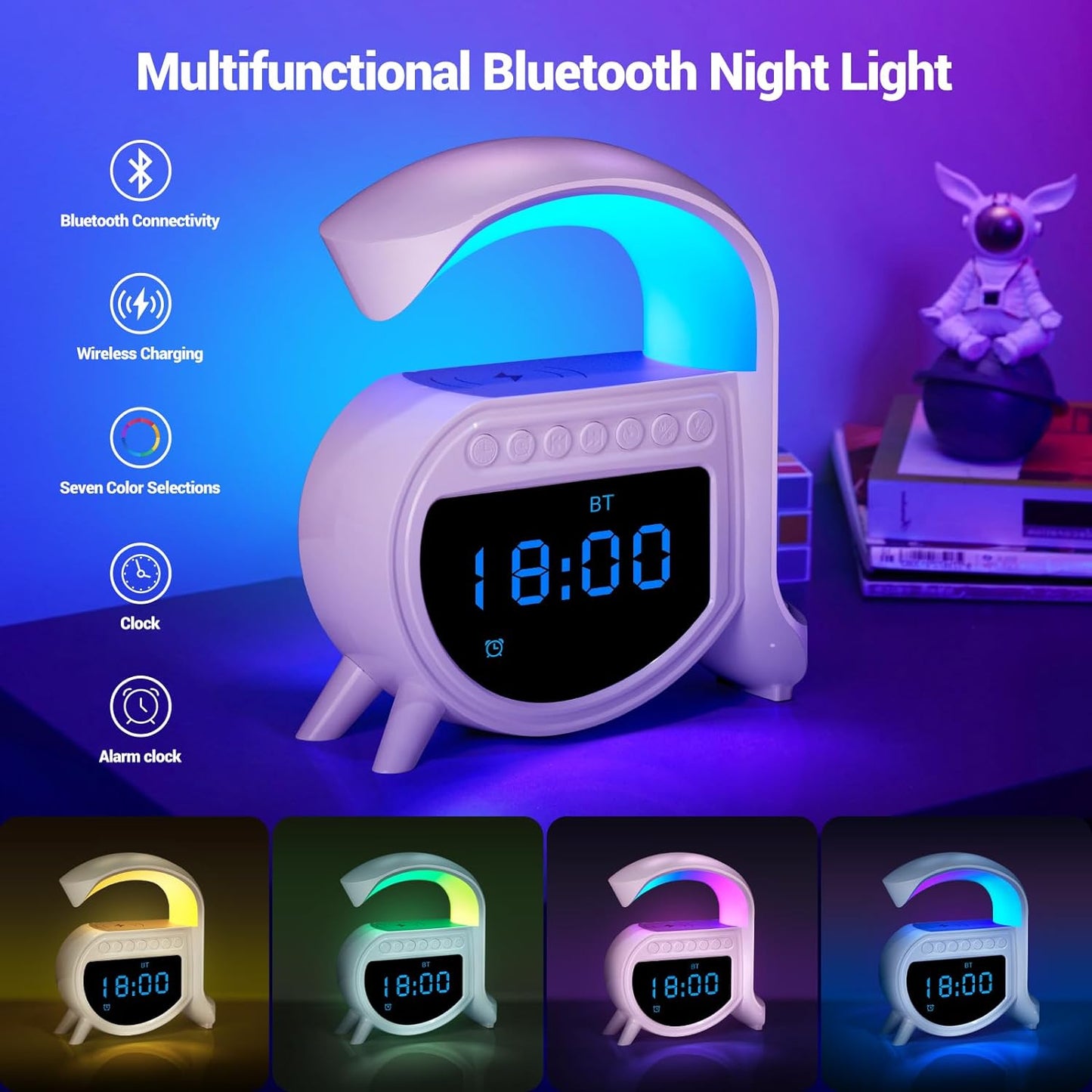 Lampa Multifunctionala cu Încărcare Wireless și Difuzor, Bluetooth, Radio, Ceas Deșteptător, Lumină de Noapte