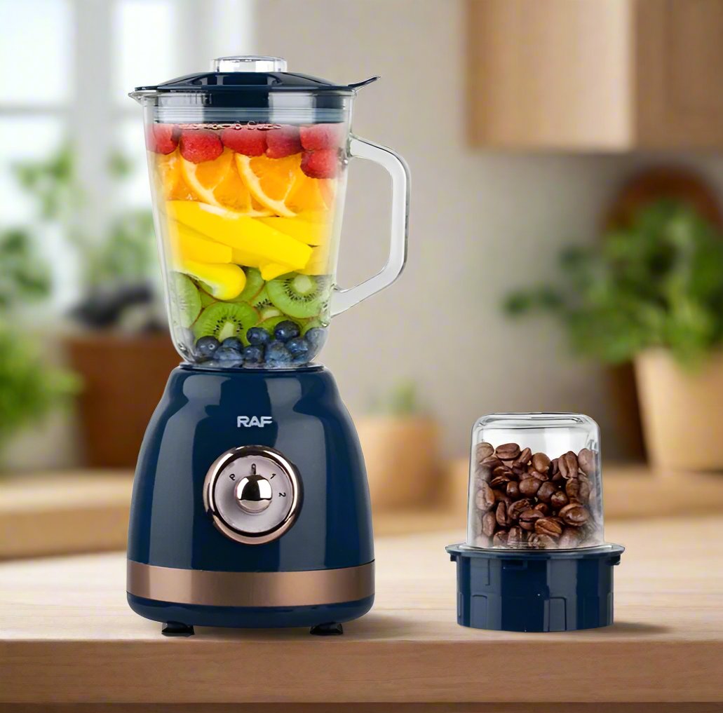 Blender Electric RAF® 2 in 1, Bol din Sticla, Rasnita pentru Cafea, Capacitate de 1.5L