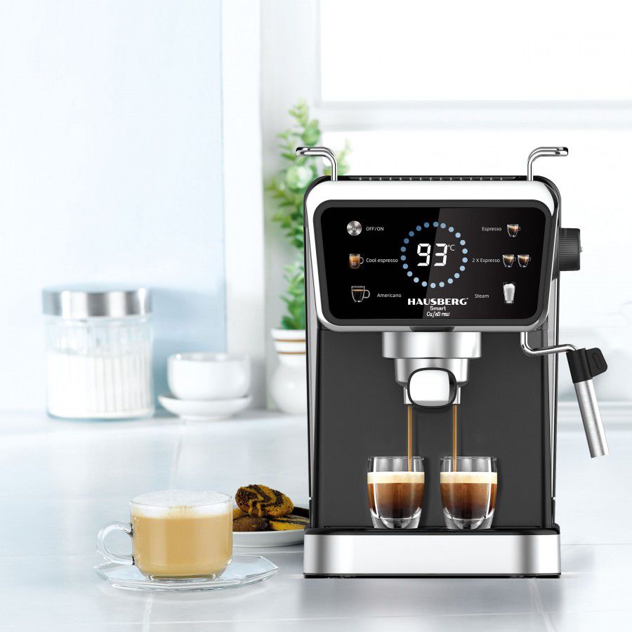 Espressor 2in1 Hausberg HB-3730IN, 20 bari, Hot&Cold, Capsule si Cafea Macinata, Spumare Lapte, Display Digital, 1350W, Negru