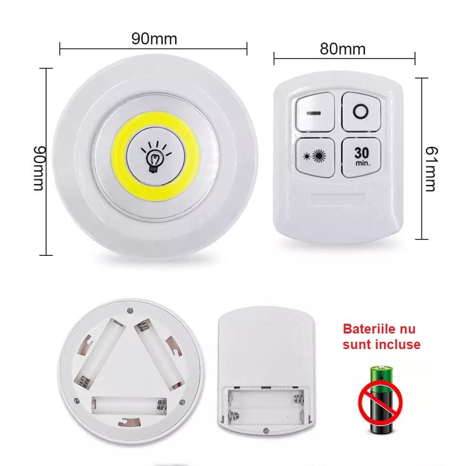 Set 3 Lămpi LED Wireless cu Telecomandă și Temporizator, 2 trepte de lumina, 3x1W, Alb