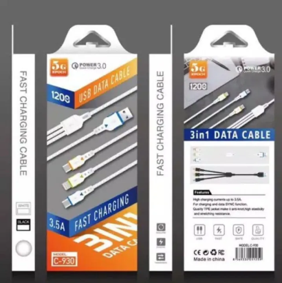 Cablu USB 5G Epoch C-930 3 în 1, Încărcare Rapidă 3.5A, Type-C, Micro USB, iOS, 1.5m, Alb