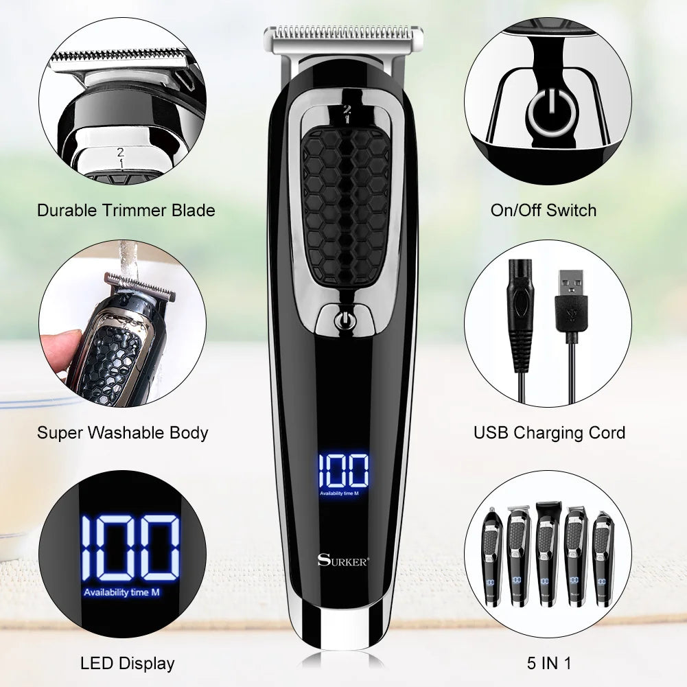 Aparat de Tuns 5in1 DSP PRO, Grooming Kit, Carbon Steel Blade, USB, 120 min, Waterproof IPX6