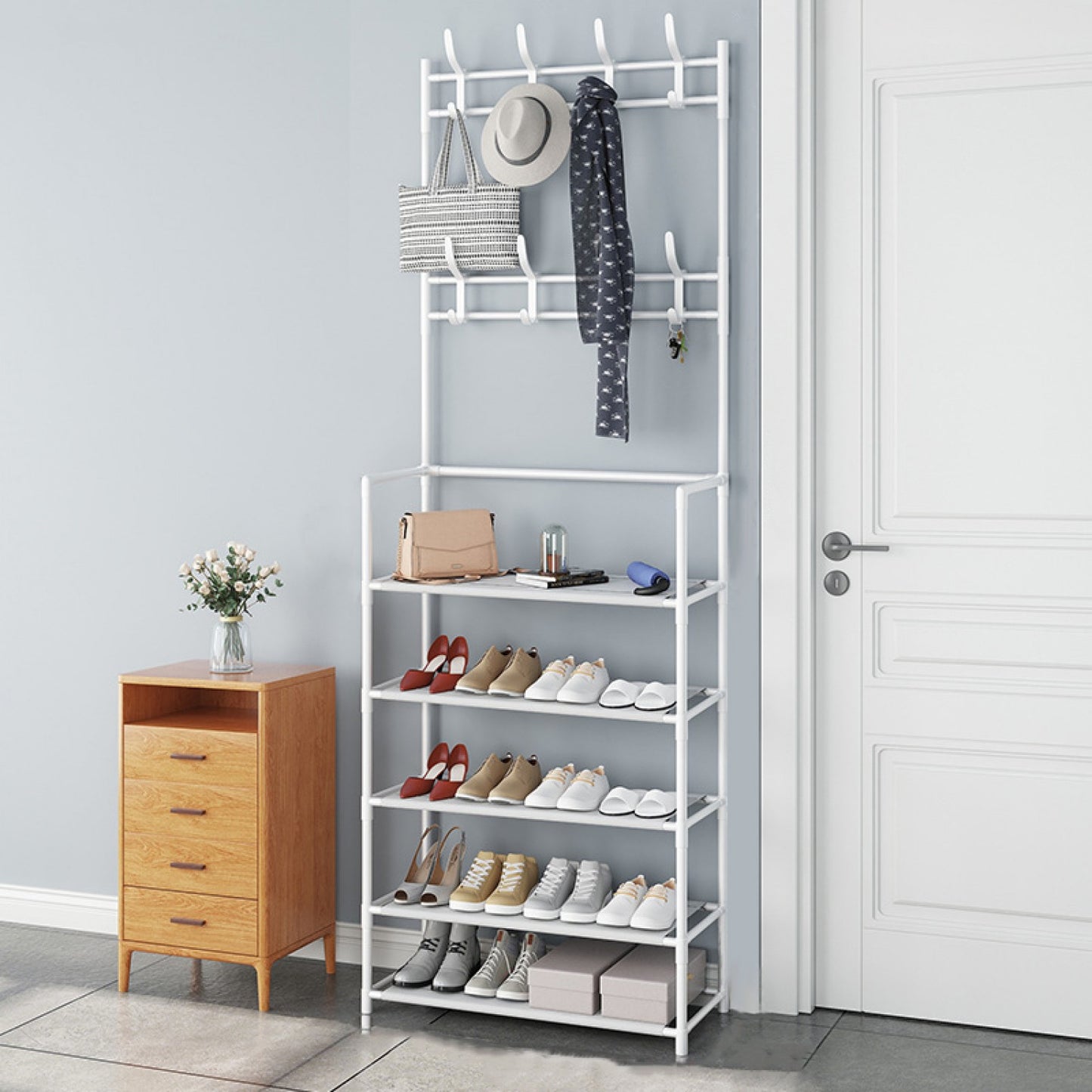 Cuier Haine cu 5 Rafturi și Suport Pantofi, 80x29.5x172 cm, Design Modern