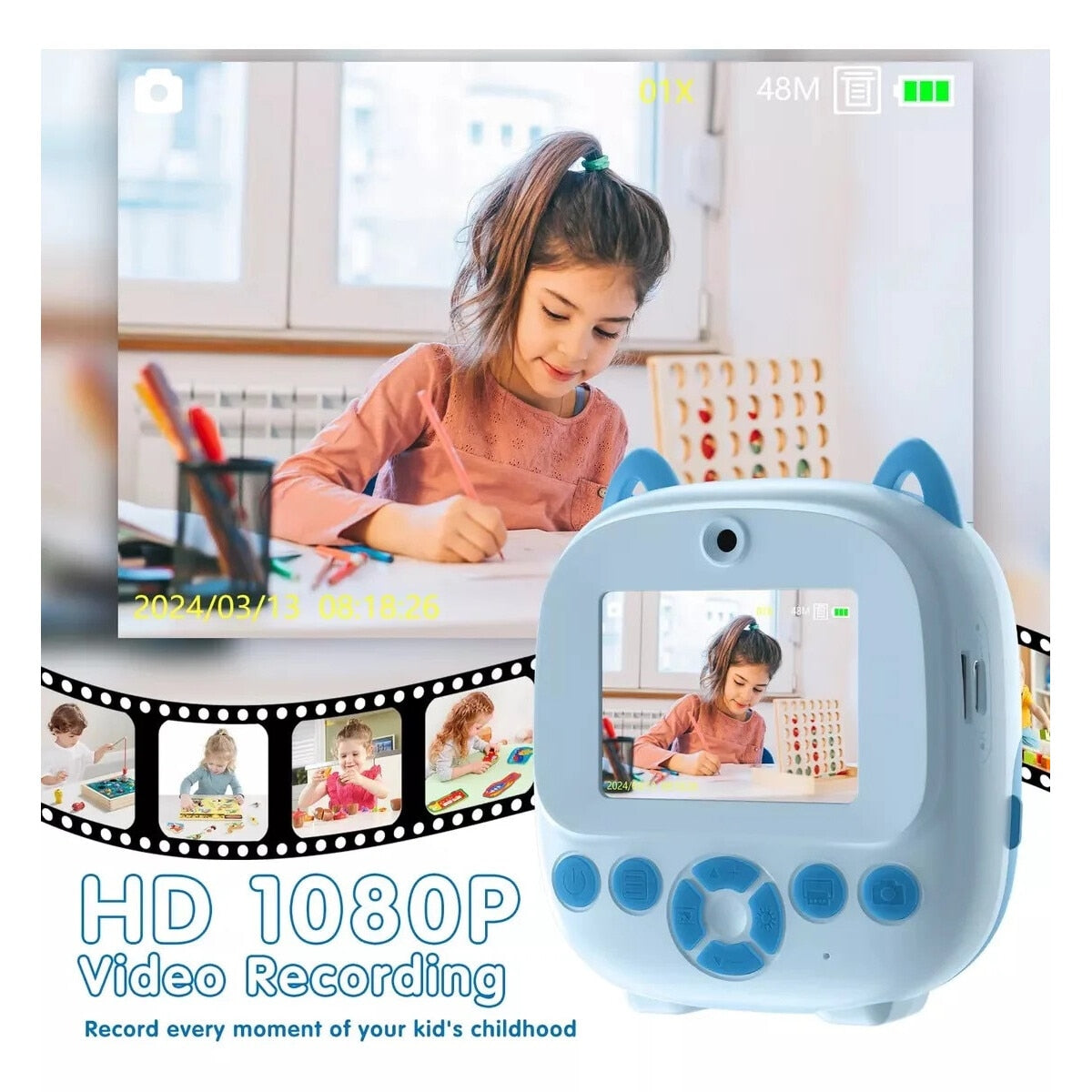 Aparat Foto cu Imprimare 2 in 1, 1080P cu Ecran 2.4 inch, Modalitate Selfie, Functie Printare Instant, Zoom 6x, Dual Lens, Cablu USB-C. Reincarcabil, Copii, Roz