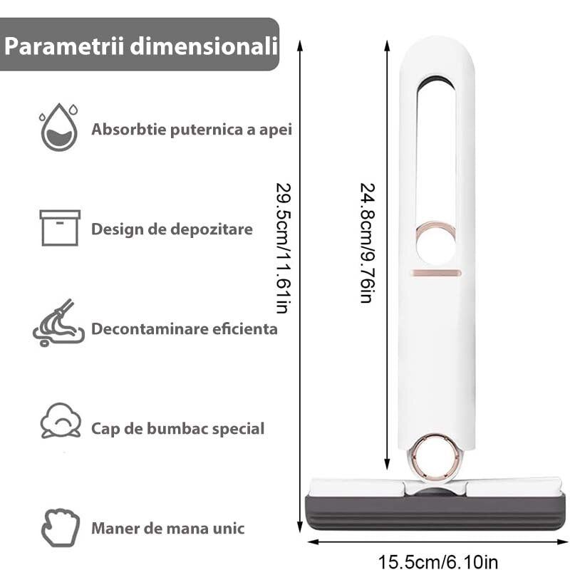 Mini Mop cu Sistem Autostoarcere, Portabil, Multi-Suprafete, Geamuri, Alb