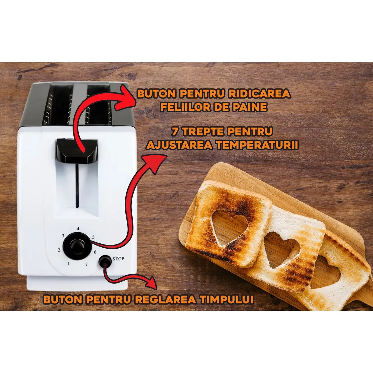 Prăjitor de pâine Hausberg HB-150NG, 750W, 7 setări, 2 felii, oprire automată, anti-alunecare, Negru-Alb
