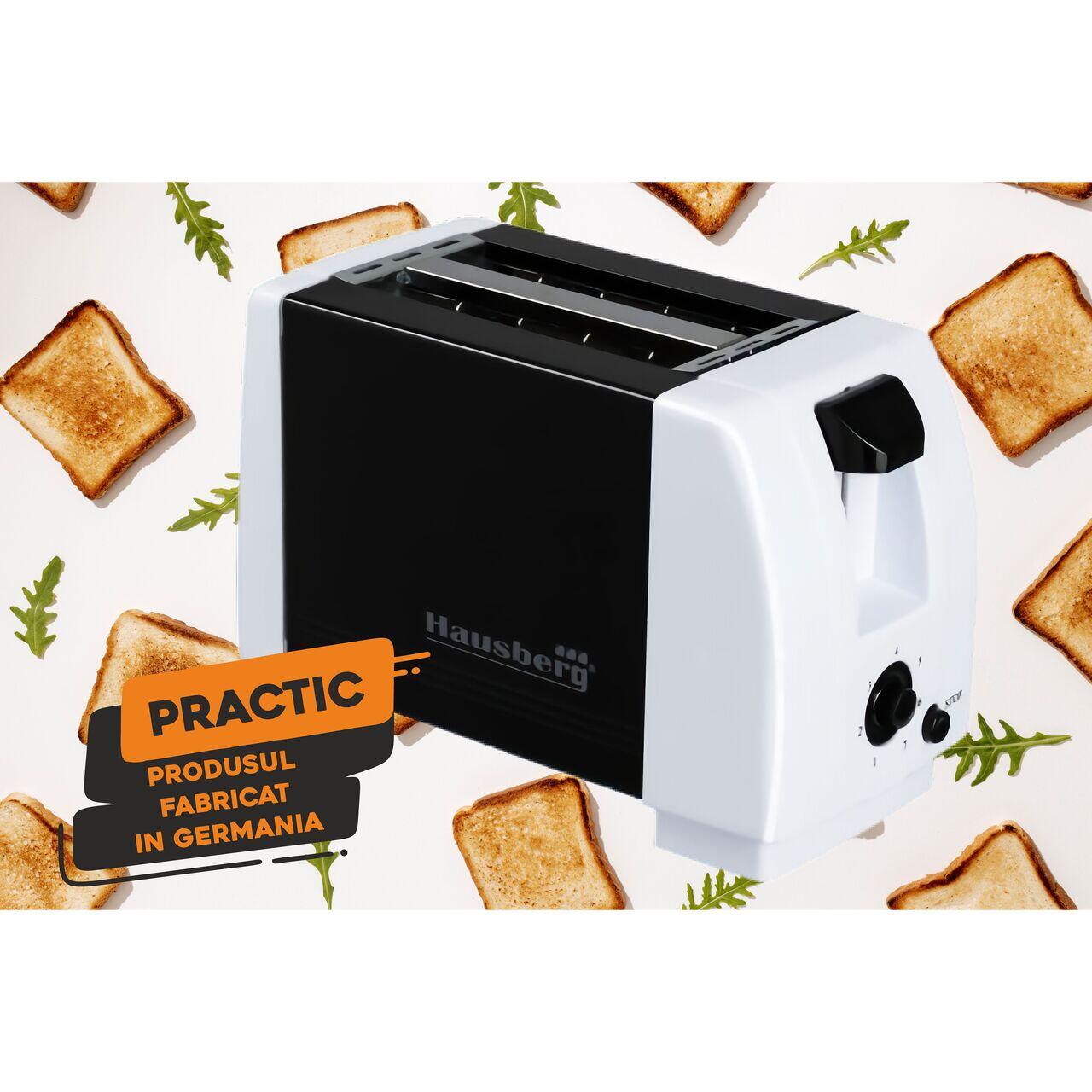 Prăjitor de pâine Hausberg HB-150NG, 750W, 7 setări, 2 felii, oprire automată, anti-alunecare, Negru-Alb