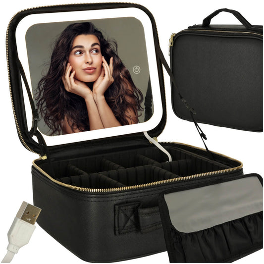 Geanta Machiaj SPIKO, Oglinda LED, 3 Lumini, USB, Compartimente Ajustabile, Neagra sau Alba