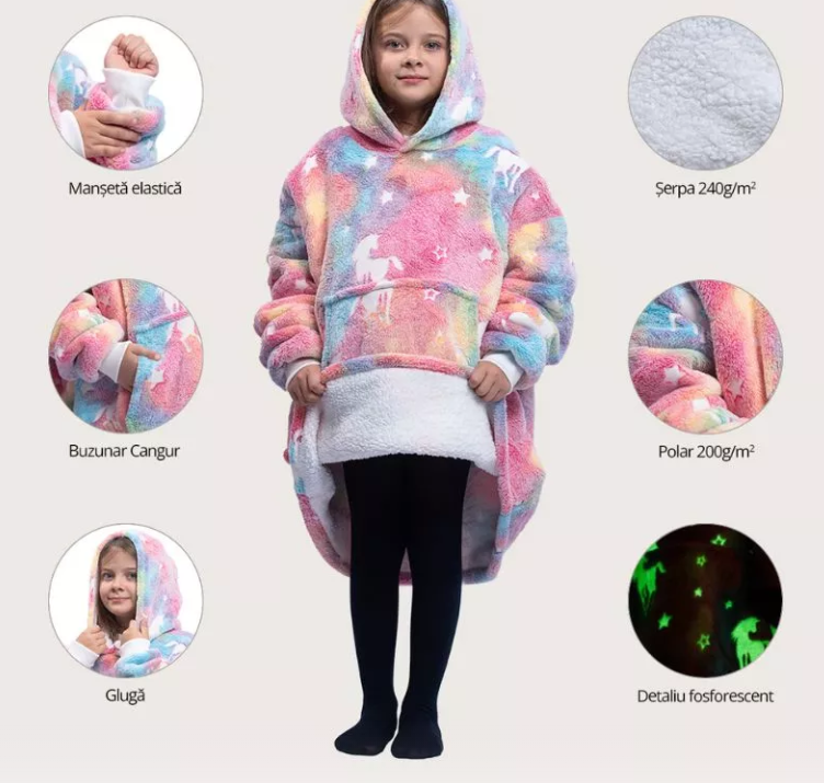 Glow In The Dark Hoodie – Pătură cu Glugă pentru copii, Moale și Călduroasă