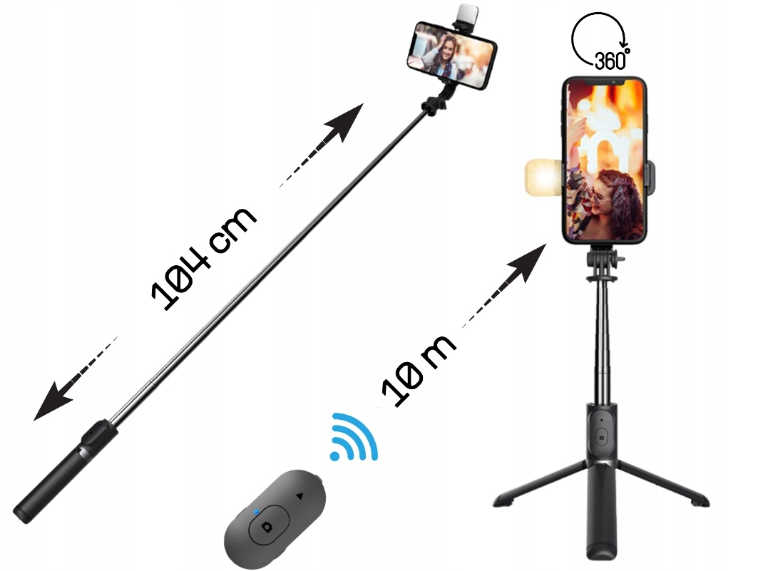 Selfie Stick cu Lampa LED și Telecomandă Bluetooth, Tripod Multifuncțional