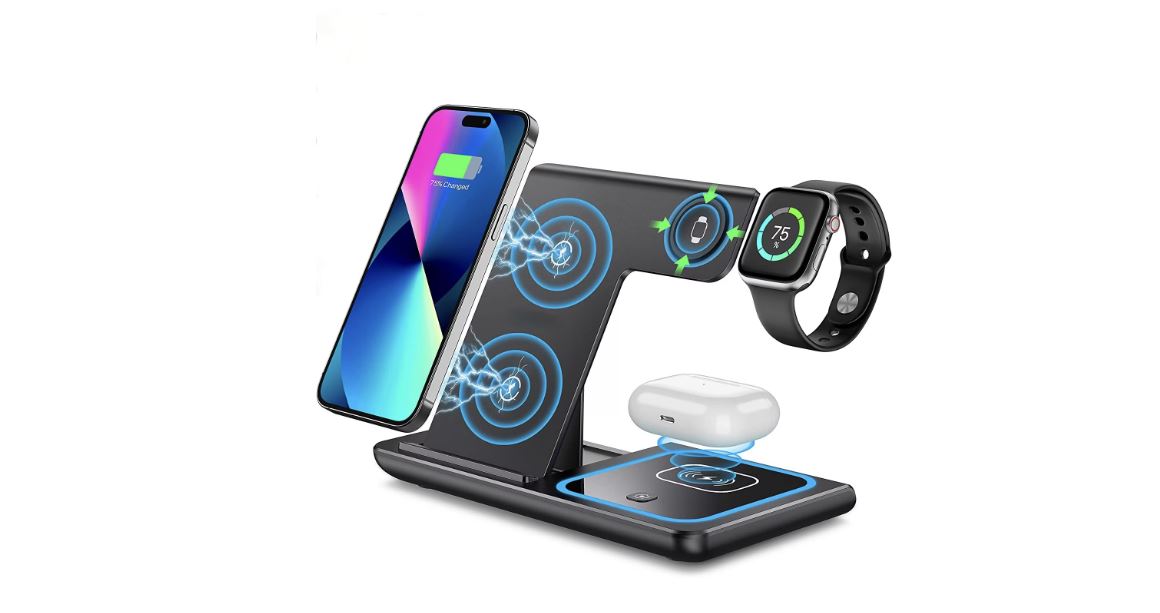 Dock de Încărcare Wireless 3 în 1 Fast Charger 15W, Compatibil Smartphone, Apple Watch si AirPods