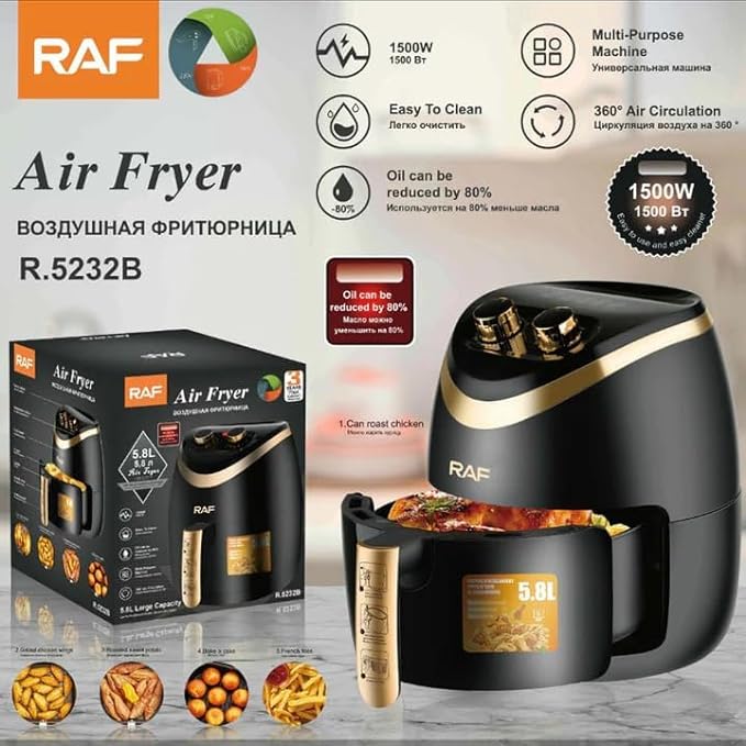 Friteuza Airfryer RAF R.5232B, Capacitate 5.8L, 1500W, Negru