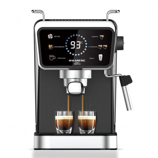 Espressor 2in1 Hausberg HB-3730IN, 20 bari, Hot&Cold, Capsule si Cafea Macinata, Spumare Lapte, Display Digital, 1350W, Negru