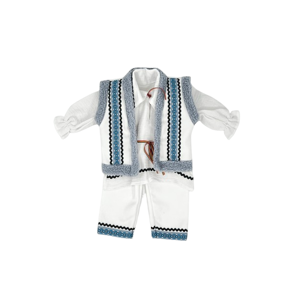 Costum Traditional Bebe, 4 piese, Alb/Albastru, 6-9 luni