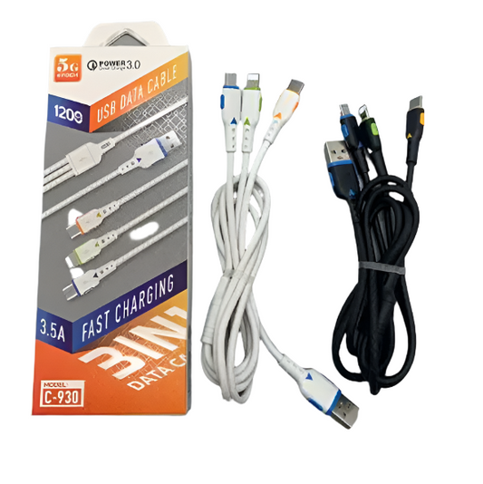 Cablu USB 5G Epoch C-930 3 în 1, Încărcare Rapidă 3.5A, Type-C, Micro USB, iOS, 1.5m, Alb