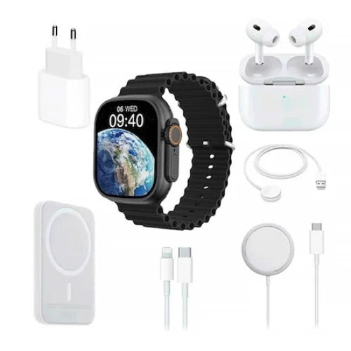 Smartwatch X8 Unique Combination Set, Casti Wireless, Magnetic Battery Pack, Negru