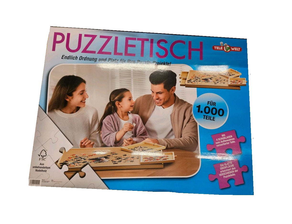 Masă Puzzle Tele Welt cu 4 Sertare, 1000 Piese, Lemn Moale, 75x57 cm