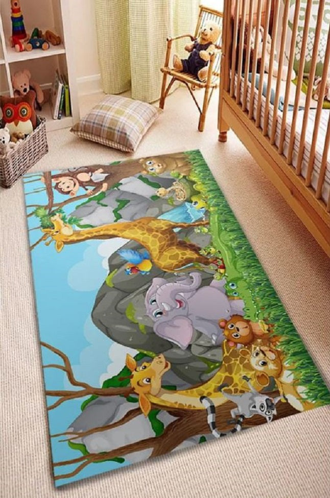 Covor 3D Antiderapant pentru copii, Animals of the Forest, 180x120 cm, Multicolor