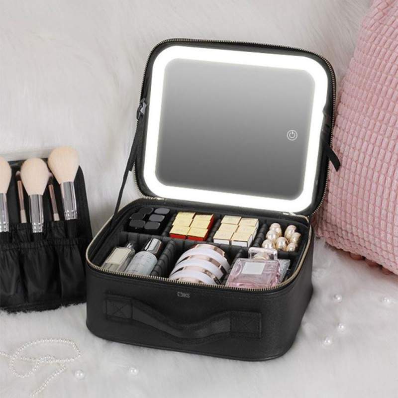 Geanta Machiaj SPIKO, Oglinda LED, 3 Lumini, USB, Compartimente Ajustabile, Neagra sau Alba