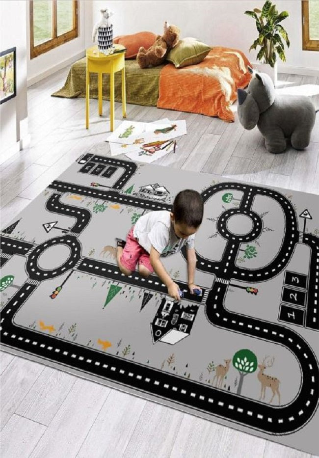 Covor 3D Road Antiderapant pentru Copii, 120x180 cm, Gri