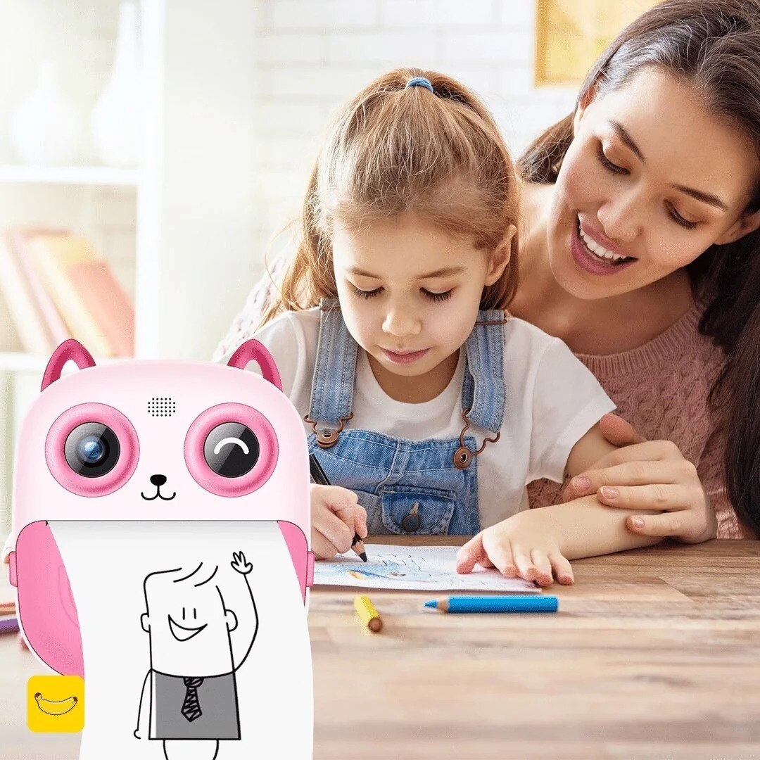 Aparat Foto cu Imprimare 2 in 1, 1080P cu Ecran 2.4 inch, Modalitate Selfie, Functie Printare Instant, Zoom 6x, Dual Lens, Cablu USB-C. Reincarcabil, Copii, Roz