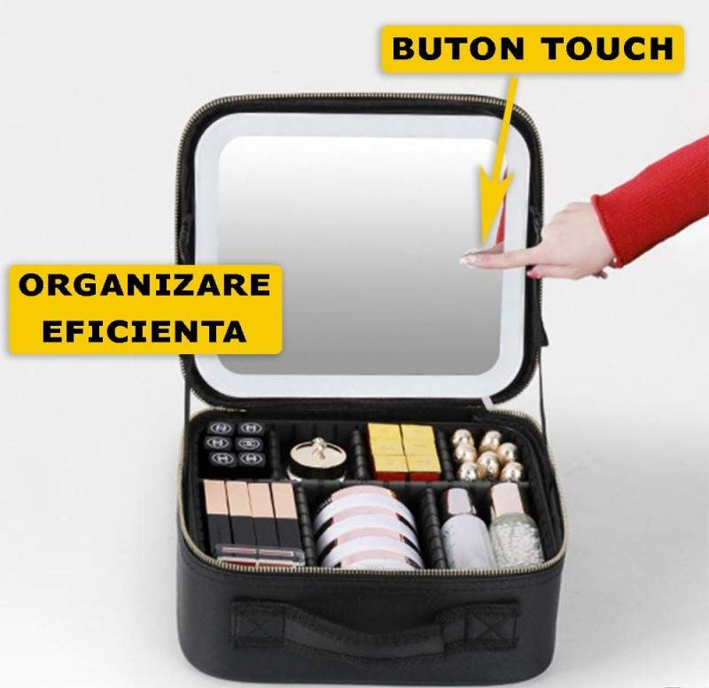 Geanta Machiaj SPIKO, Oglinda LED, 3 Lumini, USB, Compartimente Ajustabile, Neagra sau Alba