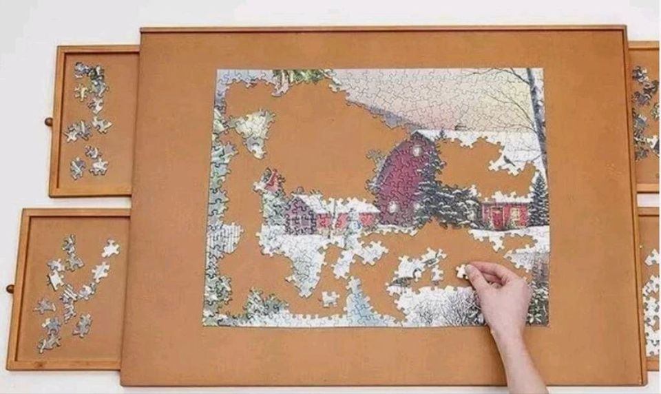 Masă Puzzle Tele Welt cu 4 Sertare, 1000 Piese, Lemn Moale, 75x57 cm