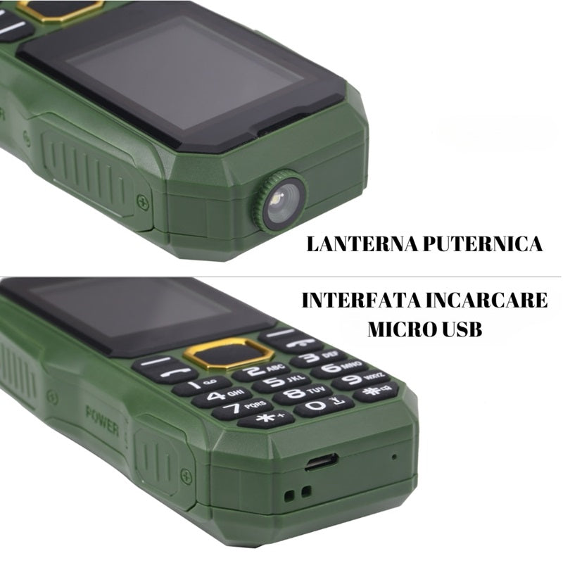 Telefon Militar Dual SIM cu Acumulator 2800mAh, Rezistent la Șocuri și Praf