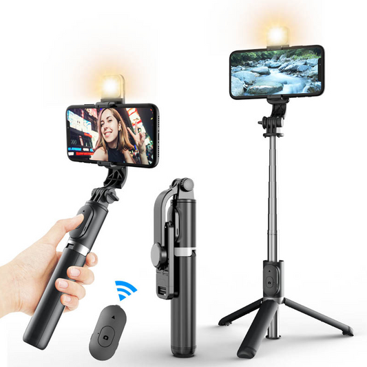 Selfie Stick cu Lampa LED și Telecomandă Bluetooth, Tripod Multifuncțional