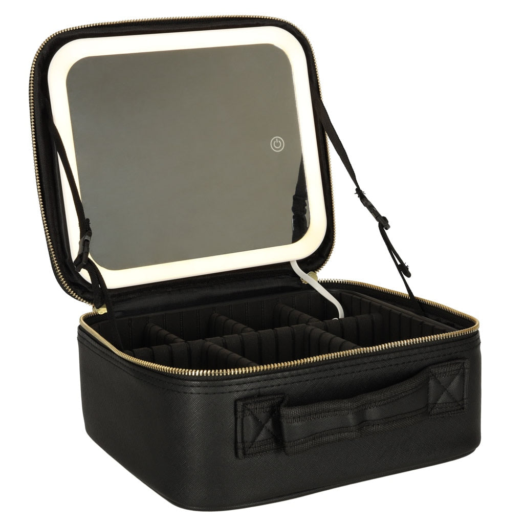 Geanta Machiaj SPIKO, Oglinda LED, 3 Lumini, USB, Compartimente Ajustabile, Neagra sau Alba