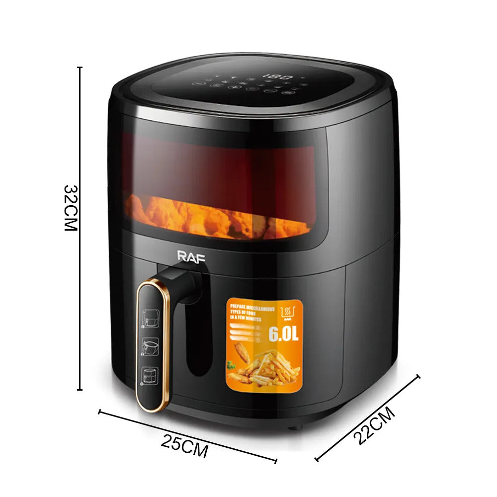 Friteuza Air Fryer cu aer cald RAF R.5330B, Fara ulei, 6 litri, Sticla transparenta, 9 Programe, Digital Touch Screen