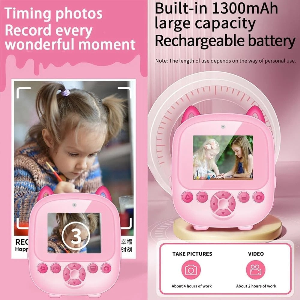 Aparat Foto cu Imprimare 2 in 1, 1080P cu Ecran 2.4 inch, Modalitate Selfie, Functie Printare Instant, Zoom 6x, Dual Lens, Cablu USB-C. Reincarcabil, Copii, Roz