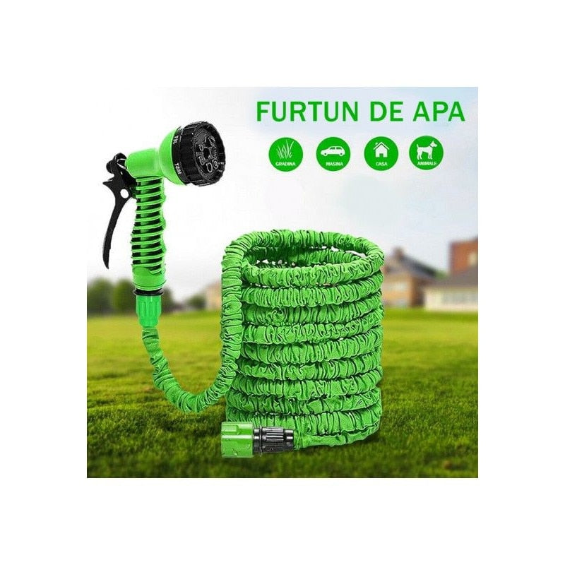 Furtun de Gradina extensibil cu Pistol Multifunctional pentru Udat, Lungime 30m, Verde