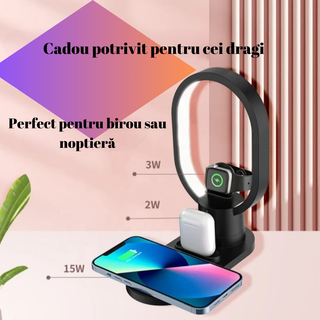 Lampă Smart 4 în 1, Stație Încărcare Wireless 15W, LED, iPhone, Apple Watch, AirPods