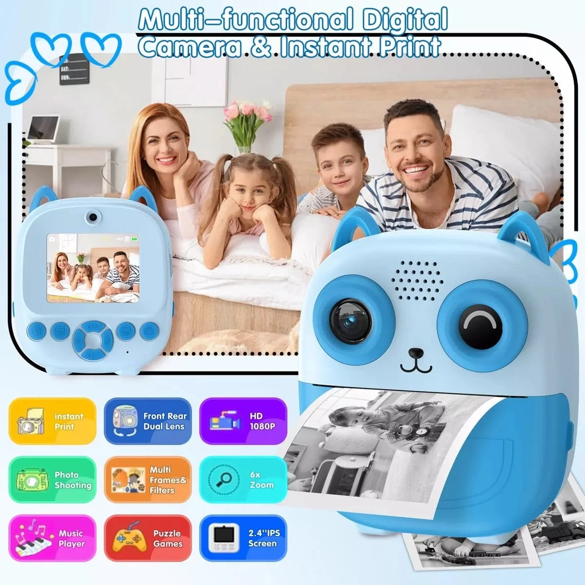 Aparat Foto cu Imprimare 2 in 1, 1080P cu Ecran 2.4 inch, Modalitate Selfie, Functie Printare Instant, Zoom 6x, Dual Lens, Cablu USB-C. Reincarcabil, Copii, Roz