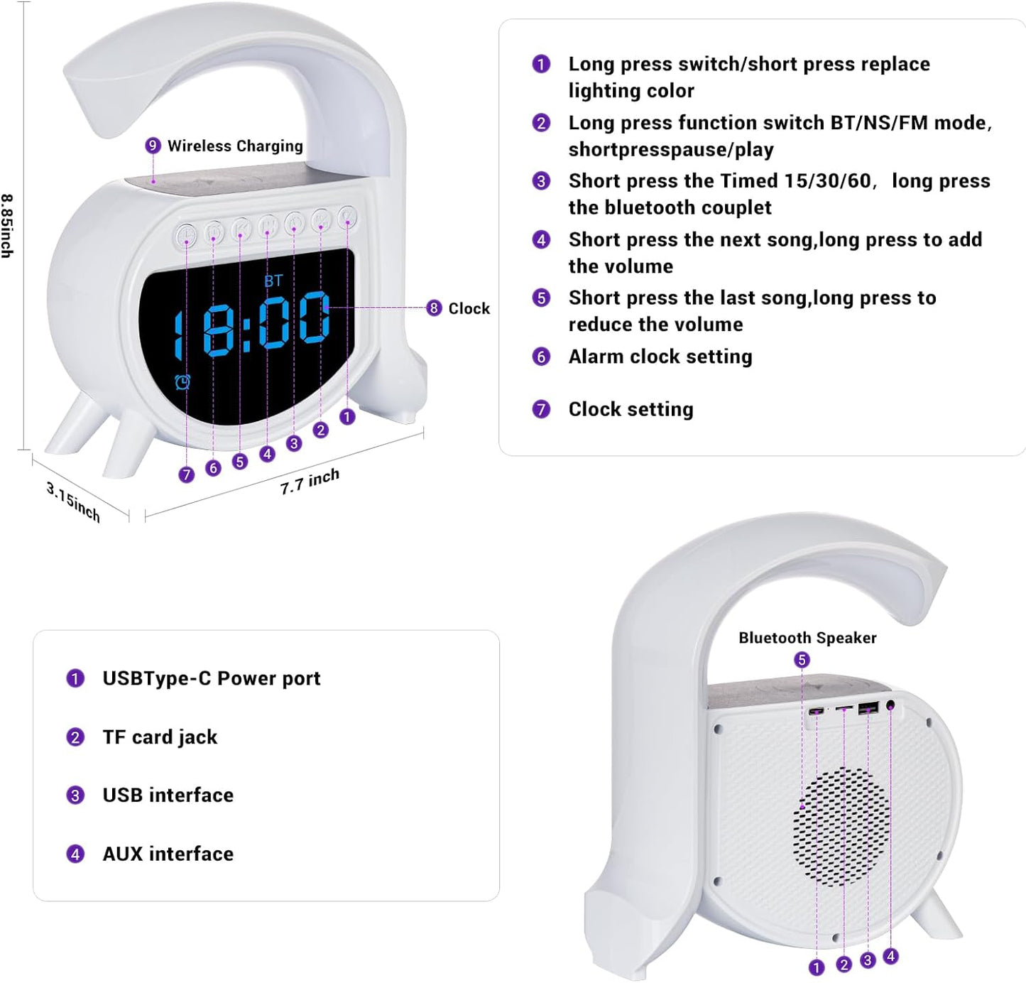 Lampa Multifunctionala cu Încărcare Wireless și Difuzor, Bluetooth, Radio, Ceas Deșteptător, Lumină de Noapte