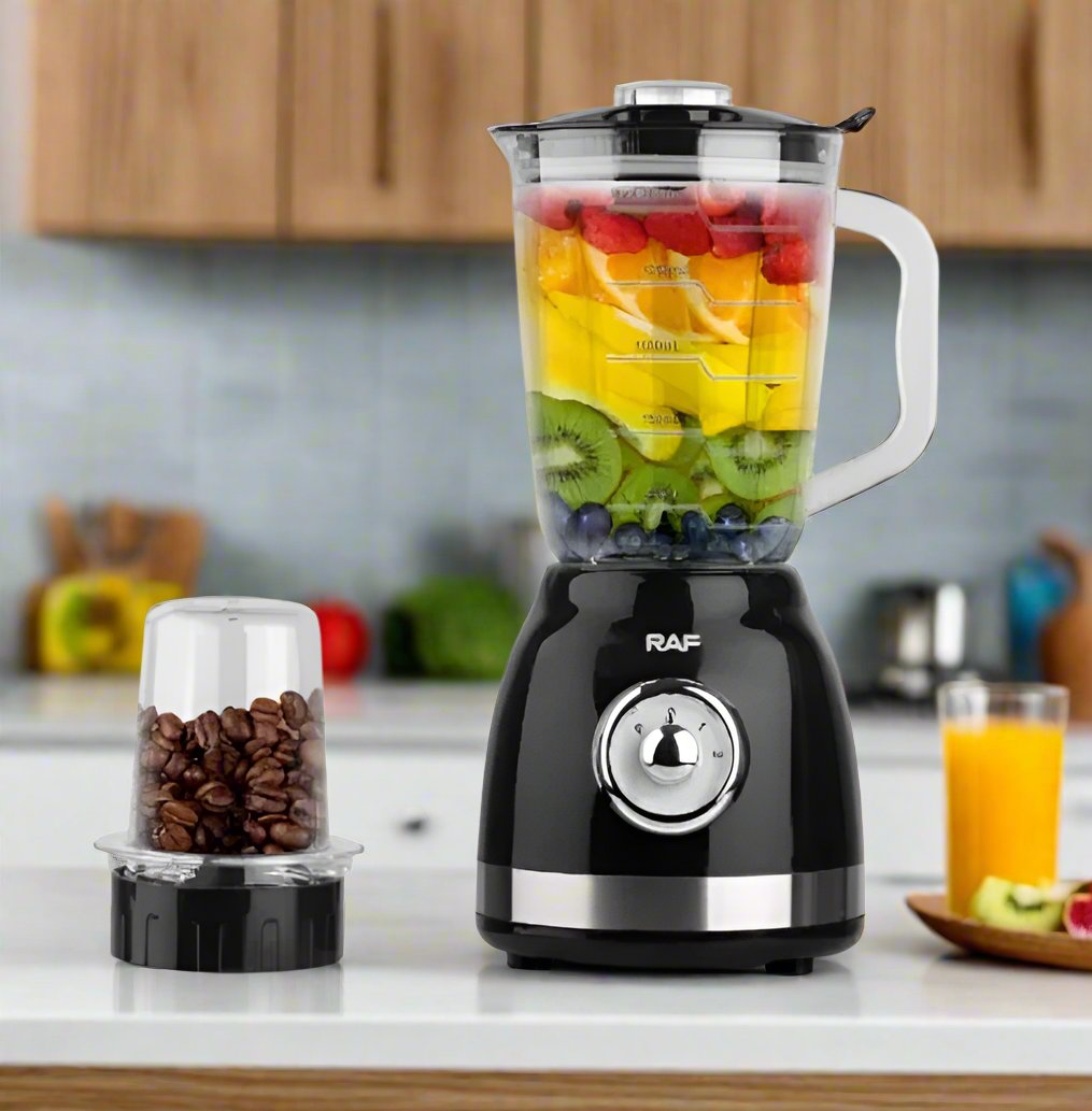 Blender Electric RAF® 2 in 1, Bol din Sticla, Rasnita pentru Cafea, Capacitate de 1.5L