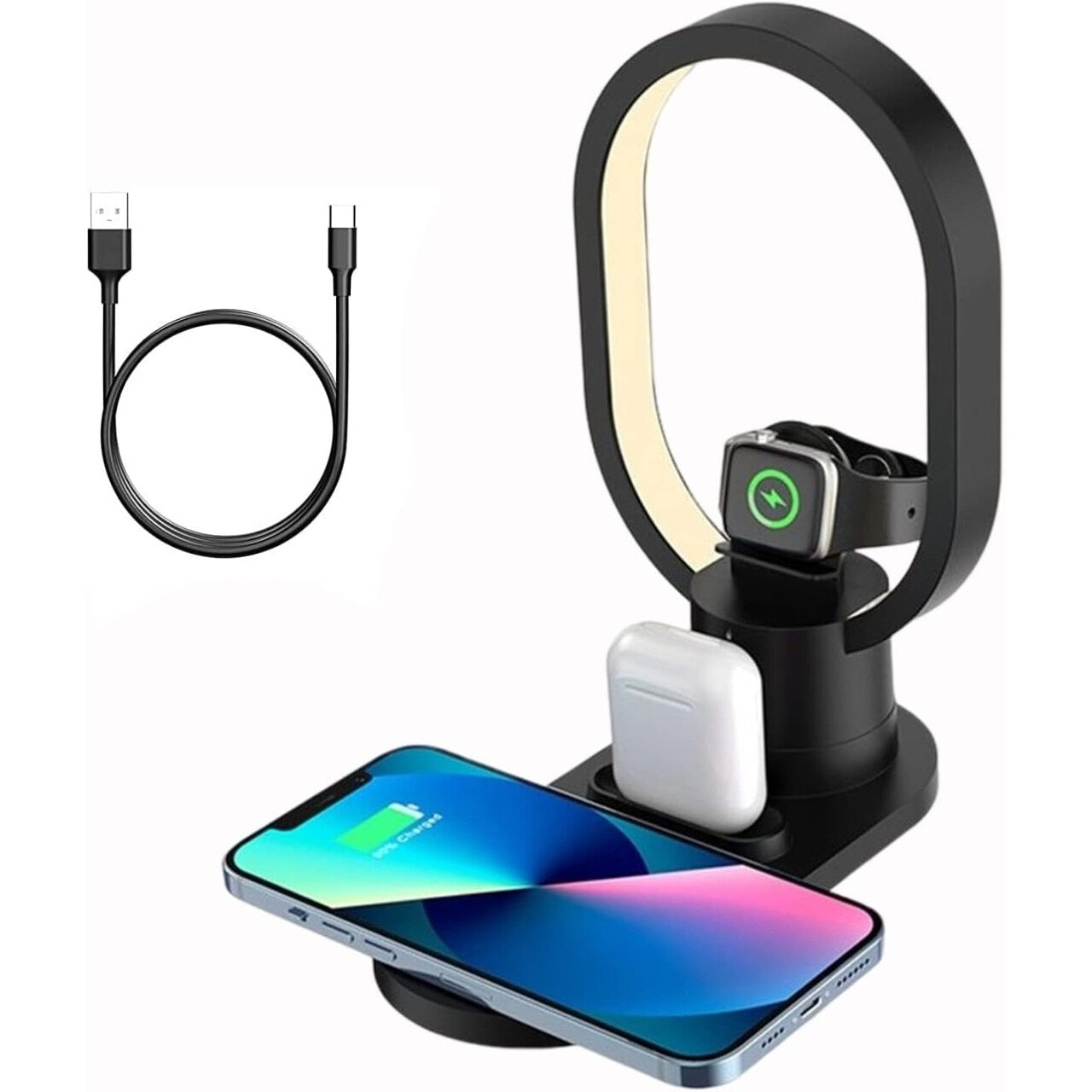 Lampă Smart 4 în 1, Stație Încărcare Wireless 15W, LED, iPhone, Apple Watch, AirPods