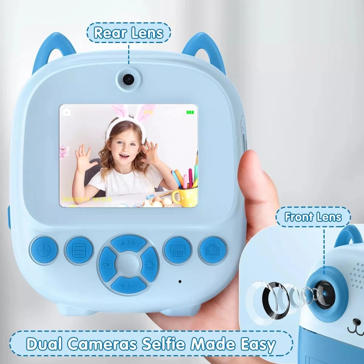Aparat Foto cu Imprimare 2 in 1, 1080P cu Ecran 2.4 inch, Modalitate Selfie, Functie Printare Instant, Zoom 6x, Dual Lens, Cablu USB-C. Reincarcabil, Copii, Roz