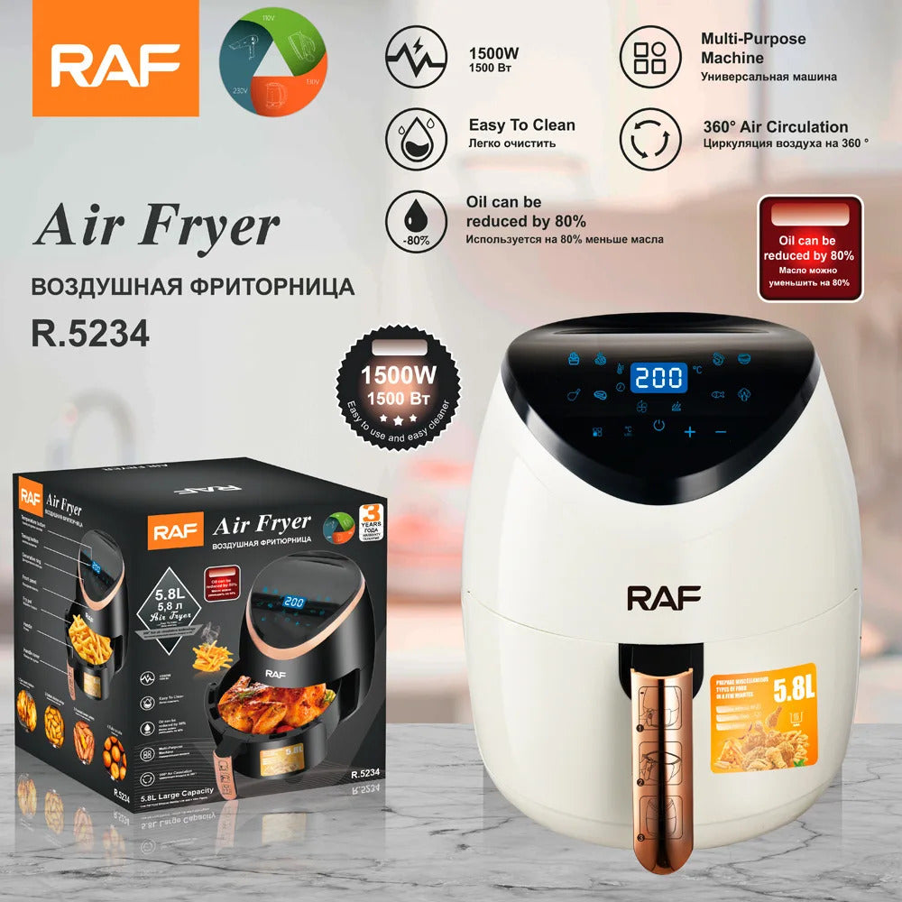 Air Fryer RAF R.5234W, fara ulei, Afisaj digital cu Touchscreen, Capacitate 5.8L, 1500 W, Circulatie Aer 360°, Alb