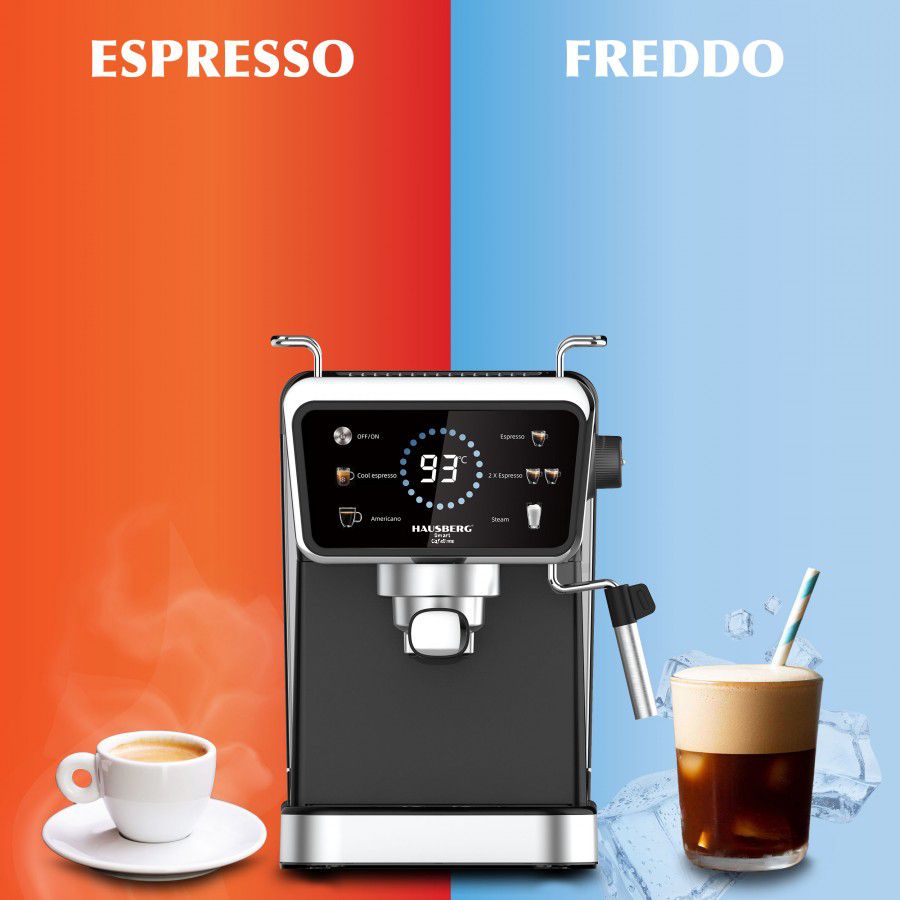 Espressor 2in1 Hausberg HB-3730IN, 20 bari, Hot&Cold, Capsule si Cafea Macinata, Spumare Lapte, Display Digital, 1350W, Negru