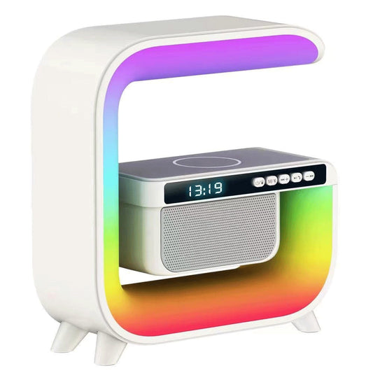 Stație Încărcare Wireless 3 în 1 cu Lampă RGB, Boxa, Bluetooth, Ceas Digital și Radio FM