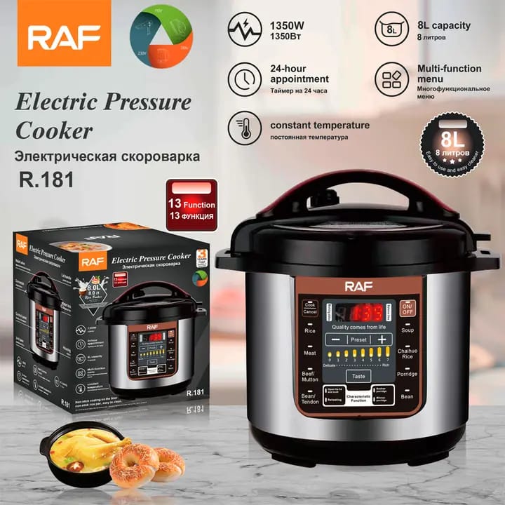 Oala Electrica Multifunctionala sub Presiune RAF R.181 de 8 Litri, 1350W, 13 Programe, Programabila 24h, Negru-Inox