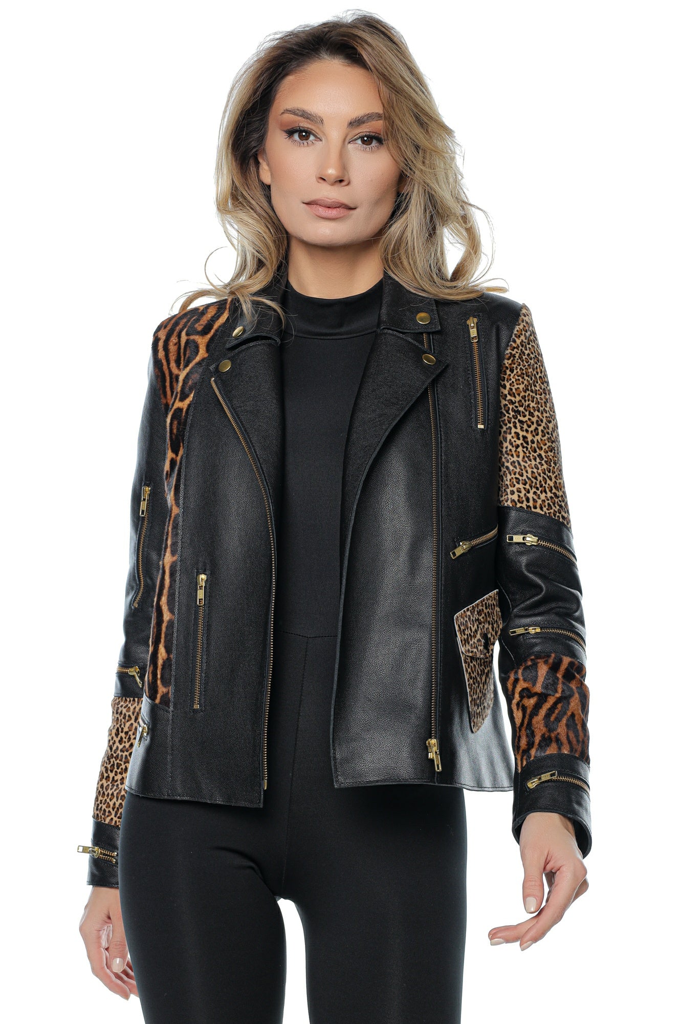 Geacă Biker by YOKO AIDA, Piele Naturală – Animal Print, Negru (S INTL)